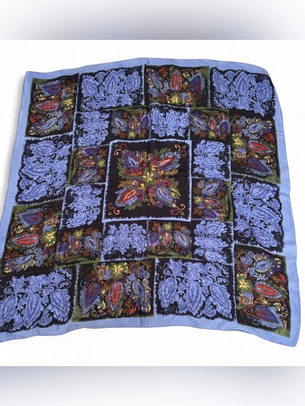 Vintage 70s 80s 90s 100% silk scarf with floral and leaf motifs